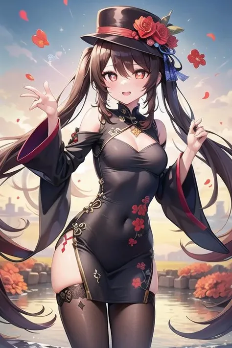 (best quality), (masterpiece), ((beautiful:0.75) cute girl:0.75), [clear and clean] pixiv (illustration), (HuTao/(GenshinImpact/)), red eyes, flower-shaped pupils, hat, long brown hair, twintails, china dress, wide sleeves, black legging, <lora:HuTaoHD:0.75>