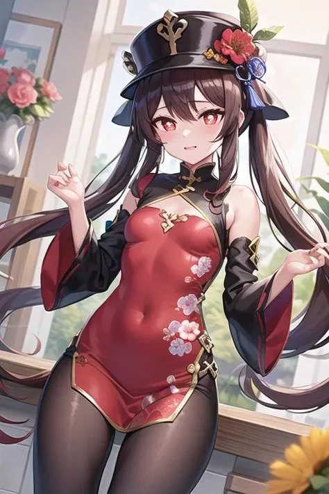 (best quality), (masterpiece), ((beautiful:0.75) cute girl:0.75), [clear and clean] pixiv (illustration), (HuTao/(GenshinImpact/)), red eyes, flower-shaped pupils, hat, long brown hair, twintails, china dress, wide sleeves, black legging, <lora:HuTaoHD:0.75>