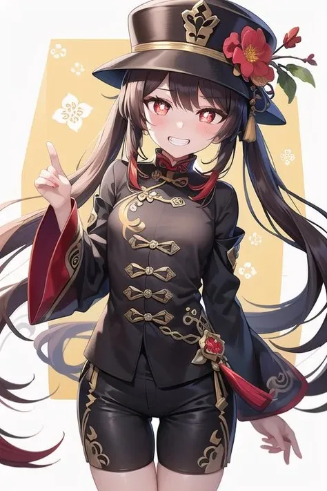 (best quality), (masterpiece), ((beautiful:0.75) cute girl:0.75), [clear and clean] pixiv (illustration), (HuTao/(GenshinImpact/)), red eyes, flower-shaped pupils, hat, long brown hair, bangs, twintails, chinese clothes, black shorts, wide sleeves, grin, <lora:HuTaoHD:0.75>