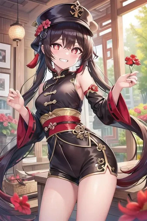 (best quality), (masterpiece), ((beautiful:0.75) cute girl:0.75), [clear and clean] pixiv (illustration), (HuTao/(GenshinImpact/)), red eyes, flower-shaped pupils, hat, long brown hair, bangs, twintails, brown chinese clothes, black shorts, wide sleeves, grin, <lora:HuTaoHDX:0.75>