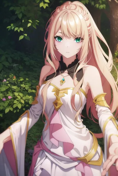 lexiavonarselia, lexia von arselia, long hair, blonde hair, (green eyes:1.5), ponytail, pink hair, big breast, visible chest, large breast, BREAK dress, bare shoulders, detached sleeves, white dress, BREAK looking at viewer, full body, BREAK outdoors, forest, nature, BREAK (masterpiece:1.2), best quality, high resolution, unity 8k wallpaper, (illustration:0.8), (beautiful detailed eyes:1.6), extremely detailed face, perfect lighting, extremely detailed CG, (perfect hands, perfect anatomy),