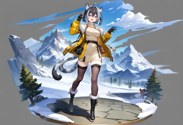 grey background, masterpiece, best quality, <lora:GachamiHoYoXL_ANI31_lokr_V42310:0.95> 1girl, boots, black footwear, animal ears, thighhighs, gloves, sky, tail, cloud, jacket, looking at viewer, full body, black gloves, fur trim, open mouth, hair between eyes, grey eyes, long sleeves, grey hair, standing, bangs, :d, blue sky, smile, multicolored hair, leopard ears, hand up, ribbed sweater, mountain, sweater dress, short hair, solo, turtleneck sweater, belt, sweater, yellow jacket, breasts, leopard tail, medium breasts, black belt, outdoors, dress, fur-trimmed boots, turtleneck, day, pouch, fur-trimmed jacket, alternate costume, tassel, black hair, animal ear fluff, fang, shoes, bag, two-tone hair, streaked hair, faux figurine