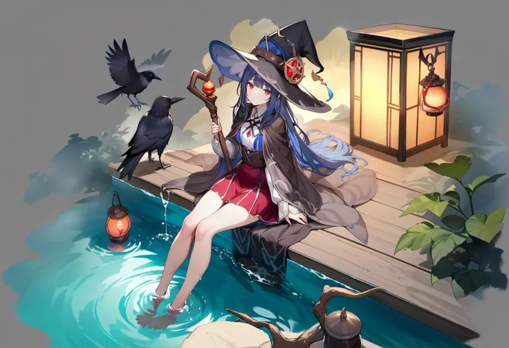 grey background, masterpiece, best quality, <lora:GachamiHoYoXL_ANI31_lokr_V42310:0.95> 1girl, hat, lantern, blue hair, red skirt, bird, sitting, barefoot, staff, water, solo, skirt, long hair, red eyes, witch hat, bare legs, looking at viewer, bangs, cloak, long sleeves, crow, black headwear, soaking feet, outdoors