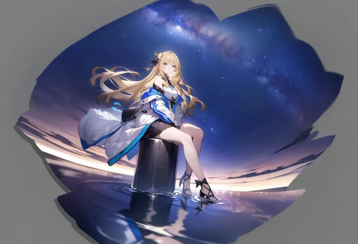 grey background, masterpiece, best quality, <lora:GachamiHoYoXL_ANI31_lokr_V42310:0.95> 1girl, long hair, solo, blonde hair, blue eyes, reflection, off shoulder, jacket, bare shoulders, sleeveless, bangs, dress, looking at viewer, sky, sitting, night, star \(sky\), starry sky, shirt, full body, hair ornament, water, bow