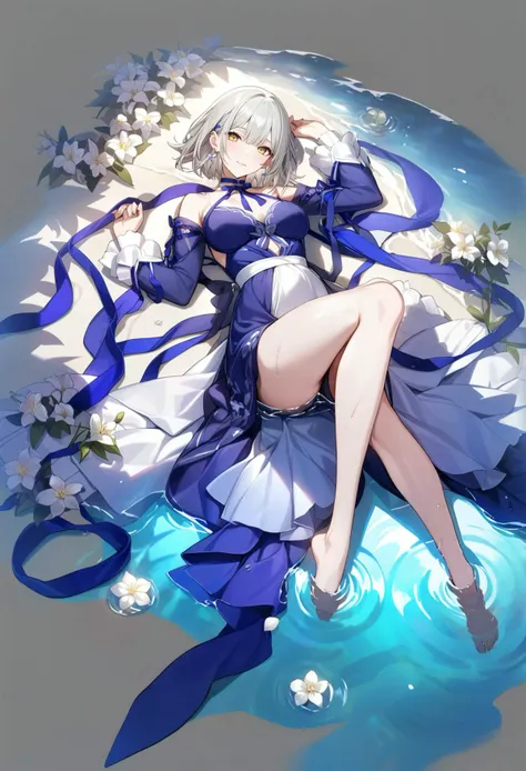 grey background, masterpiece, best quality, <lora:GachamiHoYoXLANI31lokrV42310-000126:0.95> 1girl, solo, looking at viewer, dress, jewelry, earrings, short hair, smile, flower, yellow eyes, bangs, long sleeves, ribbon, white hair, breasts, water, white flower, blurry, bare legs, lying, closed mouth, blue dress, grey hair, blue ribbon, ribbon choker, choker, barefoot, on back, legs up