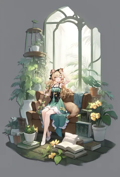 grey background, score_9, score_8_up, score_7_up, score_6_up, <lora:GachaMihoyoXL_P6_lokr_V4239:0.95>  1girl, dog ears, dog girl, animal ears, potted plant, official alternate costume, plant, dog tail, dress, tail, one eye closed, green dress, book, green eyes, flower, solo, rubbing eyes, long hair, sitting, bangs, sleeveless dress, animal, wariza, blonde hair, yellow flower, looking at viewer, white footwear, hair between eyes, black bow, bow, staff, bare shoulders, hairband, sleeveless, flower pot, vase, hair bow, pillow, collarbone, parted lips, hand up, black hairband, open mouth, full body, blush, waking up, bare arms