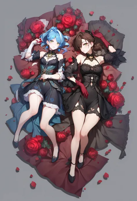 grey background, score_9, score_8_up, score_7_up, score_6_up, <lora:GachaMihoyoXL_P6_lokr_V4239:0.95> 2girls, multiple girls, blue hair, green eyes, long hair, yamada ryo, short hair, mole, mole under eye, rose, brown hair, gloves, looking at viewer, flower, yellow eyes, red gloves, parted lips, red rose, red flower, on back, red background, lying, dress, jewelry, ponytail, black dress, petals, hair ornament, earrings, multicolored hair, detached sleeves, streaked hair