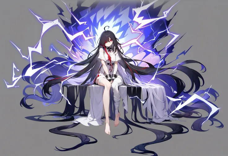 grey background, masterpiece, best quality, <lora:GachamiHoYoXL_ANI31_lokr_V42310:0.95> 1girl, long hair, solo, sitting, very long hair, ahoge, bandages, barefoot, red eyes, dress, white dress, electricity, bandaged leg, absurdly long hair, multicolored hair, hair over one eye, black hair, cuffs, looking at viewer, full body