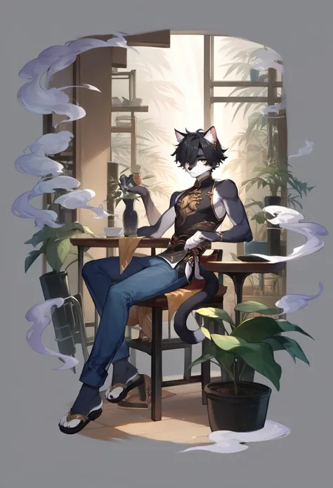 grey background, score_9, score_8_up, score_7_up, score_6_up, <lora:GachaMihoyoXL_P6_lokr_V4239:0.95>  1boy, male focus, furry male, furry, animal ears, solo, sitting, black hair, plant, cat boy, tail, looking at viewer, black footwear, full body, jewelry, smoke, pants, potted plant, shelf, sleeveless, table, short hair, chinese clothes, sandals, indoors, chair, sleeveless shirt, piercing