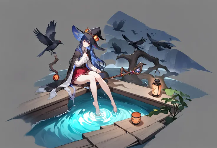 grey background, masterpiece, best quality, <lora:GachamiHoYoXL_ANI31_lokr_V42310:0.95> 1girl, hat, lantern, blue hair, red skirt, bird, sitting, barefoot, staff, water, solo, skirt, long hair, red eyes, witch hat, bare legs, looking at viewer, bangs, cloak, long sleeves, crow, black headwear, soaking feet, outdoors