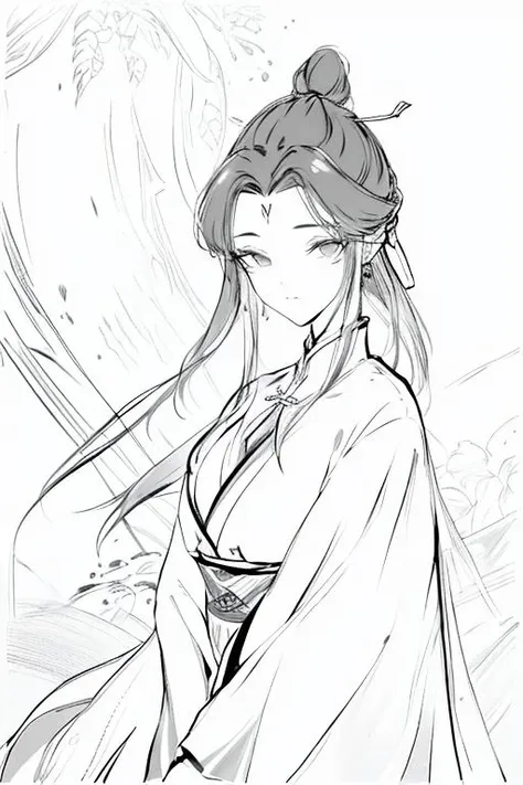 <lora:luxueqi-000001>,luxueqi,1girl,solo,long hair,black hair,hair ornament,white background,chinese clothes,upper body,jewelry,hair bun,earrings,simple background,forehead mark,dress,hair stick,closed mouth,facial mark,single hair bun,long sleeves,<lora:Freehand_Brushwork:0.5>,<lora:animeLineartMangaLike_v20Offset:1>,monochrome,lineart,, best quality , masterpiece, illustration, an extremely delicate and beautiful, extremely detailed ,CG,unity,8k wallpaper, Amazing, finely detail, masterpiece, best quality,official art,extremely detailed CG unity 8k wallpaper,absurdres, incredibly absurdres, huge filesize , ultra-detailed, highres, extremely detailed,beautiful detailed girl, extremely detailed eyes and face, beautiful detailed eyes,light on face,
