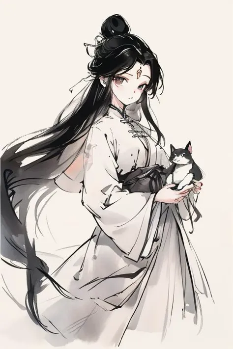 <lora:luxueqi:1>,luxueqi,1girl,solo,long hair,black hair,hair ornament,white background,chinese clothes,jewelry,hair bun,earrings,simple background,forehead mark,dress,hair stick,closed mouth,facial mark,single hair bun,long sleeves,
<lora:Freehand_Brushwork:0.6>,<lora:animeLineartMangaLike_v20Offset:0.2>,lineart,(very long hair:1.3),
portrait,dynamic_angle,front view,kittew,cuteg,flat chest,small_breasts,looking_at_viewer,holding_stuffed_animal,, best quality , masterpiece, illustration, an extremely delicate and beautiful, extremely detailed ,CG,unity,8k wallpaper, Amazing, finely detail, masterpiece, best quality,official art,extremely detailed CG unity 8k wallpaper,absurdres, incredibly absurdres, huge filesize , ultra-detailed, highres, extremely detailed,beautiful detailed girl, extremely detailed eyes and face, beautiful detailed eyes,light on face,