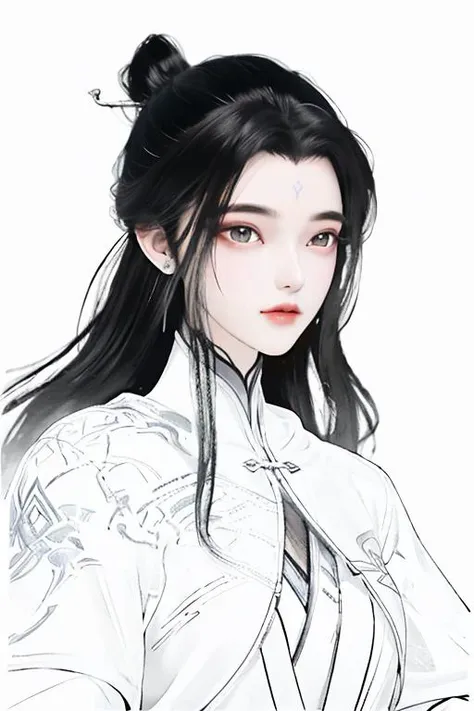 <lora:luxueqi-000001:1>,luxueqi,1girl,solo,long hair,black hair,hair ornament,white background,chinese clothes,upper body,jewelry,hair bun,earrings,simple background,forehead mark,dress,(hair stick:1.3),closed mouth,facial mark,single hair bun,long sleeves,<lora:animeLineartMangaLike_v20Offset>,(monochrome:1.2),lineart,waterpaint,inkblot,beautiful detailed eyes,(long hair:1.6),<lora:Freehand_Brushwork:0.4>,waterpaint,ink wash painting,, best quality , masterpiece, illustration, an extremely delicate and beautiful, extremely detailed ,CG,unity,8k wallpaper, Amazing, finely detail, masterpiece, best quality,official art,extremely detailed CG unity 8k wallpaper,absurdres, incredibly absurdres, huge filesize , ultra-detailed, highres, extremely detailed,beautiful detailed girl, extremely detailed eyes and face, beautiful detailed eyes,light on face,