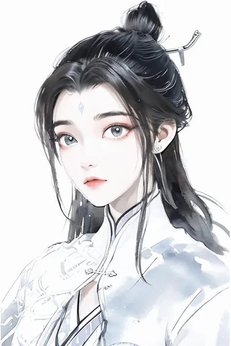 <lora:luxueqi-000001:1>,luxueqi,1girl,solo,long hair,black hair,hair ornament,white background,chinese clothes,upper body,jewelry,hair bun,earrings,simple background,forehead mark,dress,hair stick,closed mouth,facial mark,single hair bun,long sleeves,<lora:animeLineartMangaLike_v20Offset:0.8>,monochrome,lineart,<lora:Freehand_Brushwork:0.5>,(waterpaint:1.3),(inkblot:1.3),<lora:give it a name:0.2>,, best quality , masterpiece, illustration, an extremely delicate and beautiful, extremely detailed ,CG,unity,8k wallpaper, Amazing, finely detail, masterpiece, best quality,official art,extremely detailed CG unity 8k wallpaper,absurdres, incredibly absurdres, huge filesize , ultra-detailed, highres, extremely detailed,beautiful detailed girl, extremely detailed eyes and face, beautiful detailed eyes,light on face,