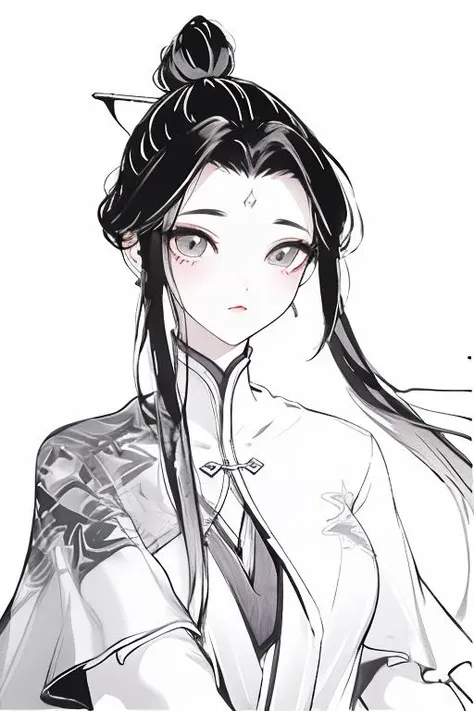 <lora:luxueqi-000001>,luxueqi,1girl,solo,long hair,black hair,hair ornament,white background,chinese clothes,upper body,jewelry,hair bun,earrings,simple background,forehead mark,dress,hair stick,closed mouth,facial mark,single hair bun,long sleeves,<lora:Freehand_Brushwork:0.5>,<lora:animeLineartMangaLike_v20Offset:0.8>,monochrome,lineart,, best quality , masterpiece, illustration, an extremely delicate and beautiful, extremely detailed ,CG,unity,8k wallpaper, Amazing, finely detail, masterpiece, best quality,official art,extremely detailed CG unity 8k wallpaper,absurdres, incredibly absurdres, huge filesize , ultra-detailed, highres, extremely detailed,beautiful detailed girl, extremely detailed eyes and face, beautiful detailed eyes,light on face,