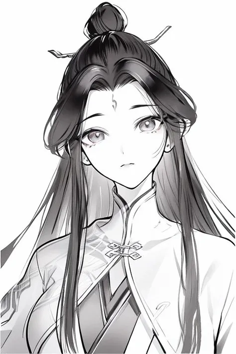 <lora:luxueqi-000001>,luxueqi,1girl,solo,long hair,black hair,hair ornament,white background,chinese clothes,upper body,jewelry,hair bun,earrings,simple background,forehead mark,dress,hair stick,closed mouth,facial mark,single hair bun,long sleeves,<lora:Freehand_Brushwork:0.5>,<lora:animeLineartMangaLike_v20Offset:0.8>,monochrome,lineart,, best quality , masterpiece, illustration, an extremely delicate and beautiful, extremely detailed ,CG,unity,8k wallpaper, Amazing, finely detail, masterpiece, best quality,official art,extremely detailed CG unity 8k wallpaper,absurdres, incredibly absurdres, huge filesize , ultra-detailed, highres, extremely detailed,beautiful detailed girl, extremely detailed eyes and face, beautiful detailed eyes,light on face,