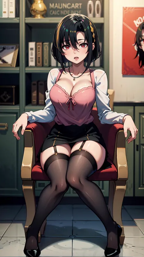 ((Correct Anatomy)),((Sit in an office chair)),((Cross your legs)),((((Black Stockings)))),((Beautiful feet)),((A shy smile)),((Lacy white panties)),((Office Costume)),((White blouse)),((Office Uniforms)),((Pleated mini skirt)),Ultra-high resolution,Mature Woman, Mature Woman, Very detailed,Extremely fine skin,Beautiful Skin,((Sweating all over the body)),(Big Breasts),((Beautiful legs)),Perfect hands, Detailed fingers, Beautiful details, ((Beautiful Hair)),Black choker, Earrings,High heels,High rise office building,Perfect Eyes, Captivating eyes