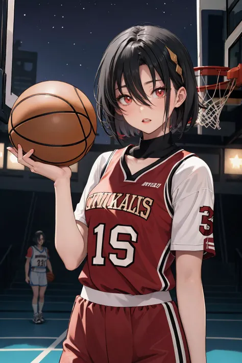 masterpiece, best quality, 1girl, solo, <lora:EPfeNel-07:0.8>, EPfeNil, short hair, black hair, red eyes, hair between eyes, holding basket, basketball uniform, air_jordan_1, <lora:air_jordan_1:0.8>, basketball court, outdoors, skyline, night sky, night,