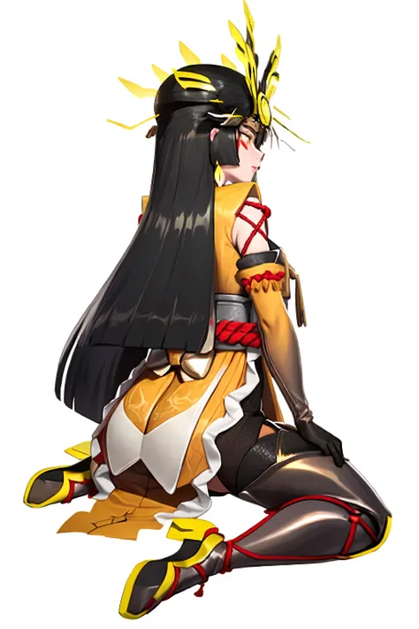 black hair, yellow eyes, long hair, armor, gloves,(hair ornament:1.3), earrings, red rope,pelvic curtain, sandals, elbow glove,(thigh boots:1.2),(helmet:1.2) ,pants, taiko knot,(facial mark:1.2),forehead mark, Yellow Tail Finger Caps,
8k,masterpiece, best quality,
from behind,(wariza:1.2), white background,