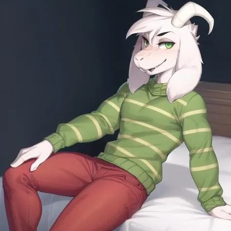 (best quality, masterpiece:1), furry male anthro asriel goat boy, solo, sitting on bed, muscular male, (green striped sweater:1.1), white goat horns, (red pants:1.2), green eyes, smile, looking at viewer, (abstract background:1.0), <lora:asriel-v1:1>