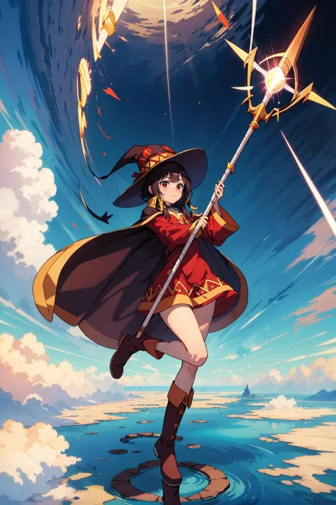 masterpiece, best quality, highly quality , <lora:Megumin-KJ-10:0.6> , Megu-KJ , megu dress , megu hat , megu cape , shapely , staff , holding staff , boots , (ray of light coming out of the staff:1.4) , (flying in the sky:1.4) , (aura:1.2)