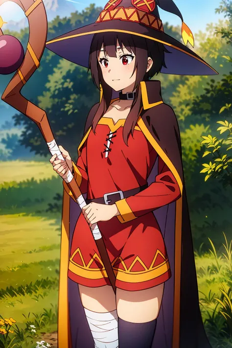 masterpiece, best quality, highly quality , <lora:Megumin-KJ-10:1> , Megu-KJ , megu dress , megu cape , asymmetrical legwear, right thighhighs, (bandaged left leg:1.2) , (shapely) , thighs , standing , megu hat , castle background view , vegetation around , (photorealistic:1.4) , raw photo, Golden hour makes everything warm and romantic a beautiful woman, golden hour, rim lighting, warm tones, sun flare, soft shadows, vibrant colors, hazy glow, painterly effect, dreamy atmosphere , (staff:1.2) , holding staff