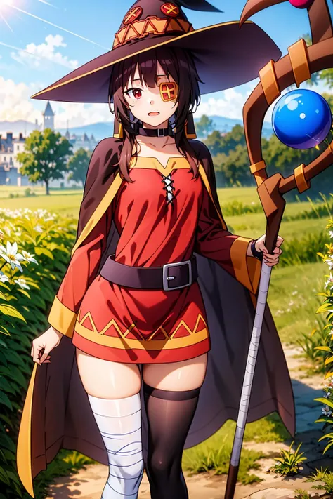masterpiece, best quality, highly quality ,  <lora:Megumin-KJ-10:1>  , Megu-KJ , megu dress  , megu cape ,  asymmetrical legwear, right thighhighs, eyepatch , (bandaged left leg:1.2) , (shapely) , thighs , standing , megu hat , castle background view , vegetation around , (photorealistic:1.4) , raw photo, Golden hour makes everything warm and romantic a beautiful woman, golden hour, rim lighting, warm tones, sun flare, soft shadows, vibrant colors, hazy glow, painterly effect, dreamy atmosphere , (staff:1.2) , holding staff