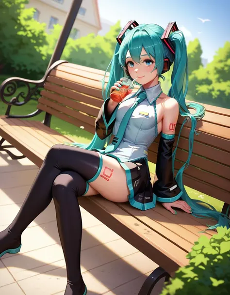 score_9, score_8_up, score_7_up, score_6_up, score_5_up, score_4_up, raiting_questionable, a girl is resting on a park bench, drinking juice, hatsune miku, smile, thighhighs, detached sleeves, necktie, crossed legs, dutch angle,