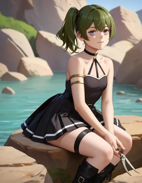 score_9, score_8_up, score_7_up, score_6_up, score_5_up, score_4_up, is sitting on a rock, holding a scissors,light smile,  <lora:UbelXL:0.6> ubel, green hair, side ponytail, purple eyes, chocker, bare shoulders, black dress, arm strap, armlet, black dress, pleated skirt, single glove, thigh strap, socks, black knee boots