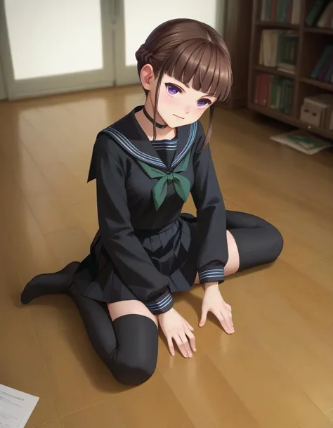 score_9, score_8_up, score_7_up, score_6_up, score_5_up, score_4_up, rating_safe,  <lora:NemuPonyXL:0.6> Manaka Nemu, short hair, braided hair, brown hair, violet eyes,, black serafuku, green necktie, black thighhighs, black skirt, sitting on the floor