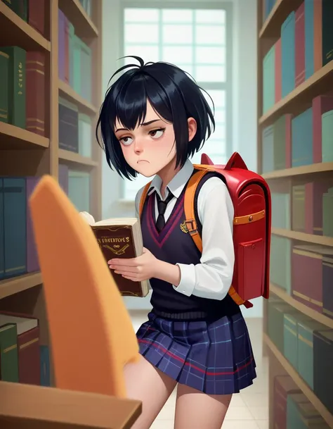 score_9, score_8_up, score_7_up, score_6_up, score_5_up, score_4_up, rating_safe, a girl in a library, standing holding a book, bored, sunlight,  <lora:peni_parker_v4:0.8> peni_parker, skirt, shirt, school uniform, pleated skirt, necktie, bag, backpack, sweater vest