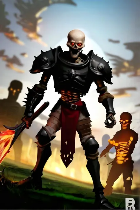 score_9, score_8_up, score_7_up, in the dark night sky, a towering skeleton warrior stands prominently on a grassy field. the warrior's fiery red eyes gleam under the pale moonlight, casting an eerie glow upon its surroundings. clad in black armor, it wields a flaming sword in one hand and a spear in the other, ready for battle. around the warrior, several smaller skeletons can be seen, their hollow eyes reflecting the faint light from the moon and crosses that dot the horizon. the vanishing point perspective adds depth to the scene, making the skeleton warrior appear even more formidable against the backdrop of the cloudy sky.