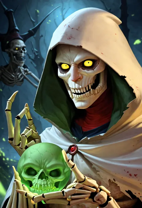 score_9, score_8_up, score_7_up, a close up of a skeleton holding a glowing green ball, d & d lich, benevolent android necromancer, undead mage, portrait painting of skeletor, skeletal omens, portrait of skeletor, portrait of the old necromancer, portrait of a necromancer, lich, undead lich, skeletor, king of time reaper