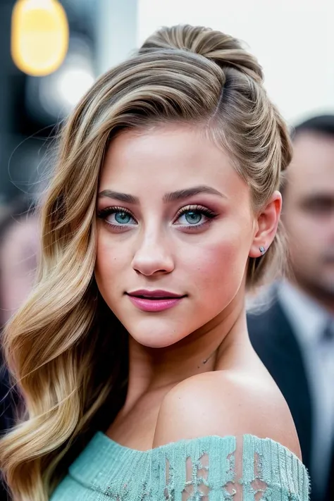 photo of beautiful (l1l1re1nhart:0.99), a woman with beautiful hair, hair upsweep updo, as a movie star in a (movie premiere), premiere gala, (near a movie theatre), natural skin texture, (elegant turquoise sweater off-shoulder), (suspenders:1.1), 24mm, 4k textures, soft cinematic light, adobe lightroom, photolab, hdr, intricate, elegant, highly detailed, sharp focus, ((((cinematic look)))), soothing tones, insane details, intricate details, hyperdetailed, low contrast, soft cinematic light, exposure blend, hdr, faded, (paparazzi in background), (painted lips:1.1), ((looking straight at the camera:1.1))