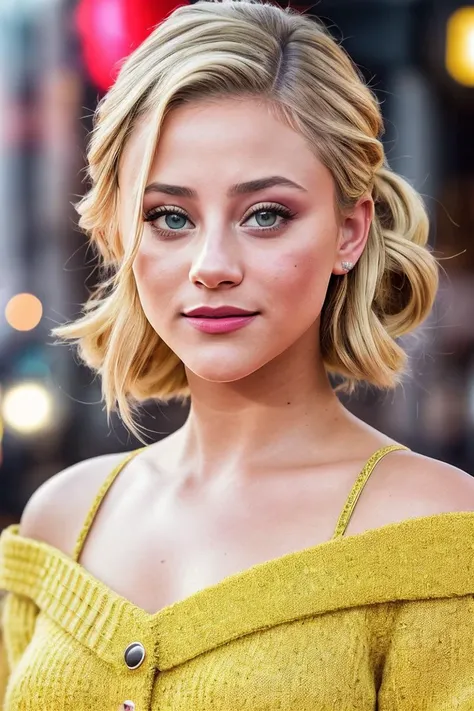 photo of beautiful (l1l1re1nhart:0.99), a woman with beautiful hair, hair upsweep updo, as a movie star in a (movie premiere), premiere gala, (near a movie theatre), natural skin texture, (elegant yellow sweater off-shoulder), (suspenders:1.1), 24mm, 4k textures, soft cinematic light, adobe lightroom, photolab, hdr, intricate, elegant, highly detailed, sharp focus, ((((cinematic look)))), soothing tones, insane details, intricate details, hyperdetailed, low contrast, soft cinematic light, exposure blend, hdr, faded, (paparazzi in background), (painted lips:1.1), ((looking straight at the camera:1.1))