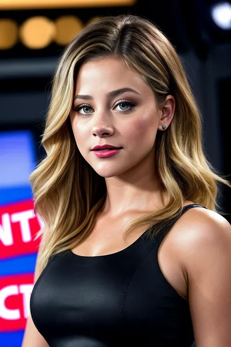 photo of beautiful (l1l1re1nhart:0.99), a woman with beautiful hair, as a tv host in a (CNN tv studio), (anchorwoman), natural skin texture, (elegant black tight dress), 24mm, 4k textures, soft cinematic light, adobe lightroom, photolab, hdr, intricate, elegant, highly detailed, sharp focus, ((((cinematic look)))), soothing tones, insane details, intricate details, hyperdetailed, low contrast, soft cinematic light, exposure blend, hdr, faded, (cnn tv set), (anchorwoman presenting the news), (painted lips:1.1), ((looking at viewer:1.1))