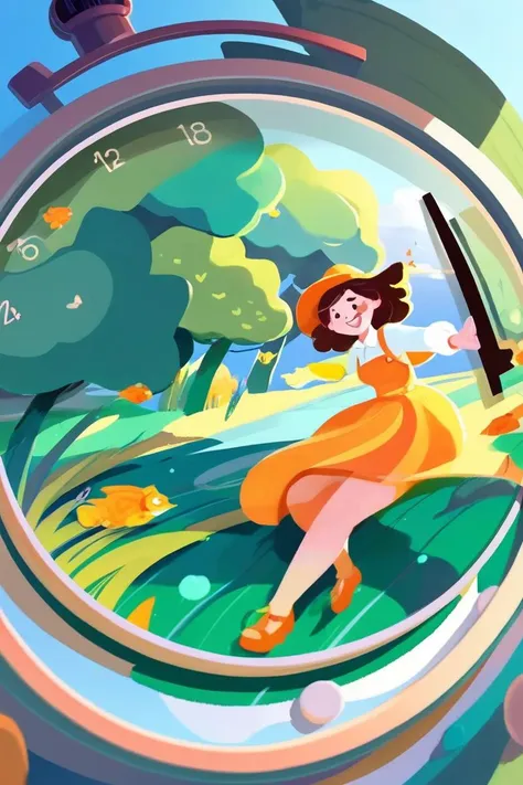 Impressionist painting an artwork, Stopwatch, in the style of 2d game art, characterized girl, dmitry vishnevsky, orange and emerald, cute and dreamy, editorial illustrations, zeiss batis 18mm f/2.8 <lora:papercut:0.2> . Loose brushwork, vibrant color, light and shadow play, captures feeling over form