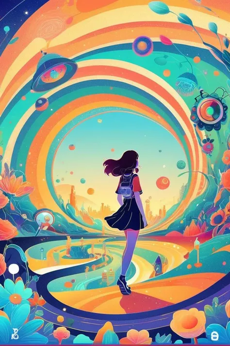 Psychedelic style an artwork, Stopwatch, in the style of 2d game art, characterized girl, dmitry vishnevsky, orange and emerald, cute and dreamy, editorial illustrations, zeiss batis 18mm f/2.8 <lora:papercut:0.2> . Vibrant colors, swirling patterns, abstract forms, surreal, trippy
