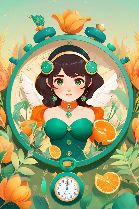 Renaissance style an artwork, Stopwatch, in the style of 2d game art, characterized girl, dmitry vishnevsky, orange and emerald, cute and dreamy, editorial illustrations, zeiss batis 18mm f/2.8 <lora:papercut:0.2> . Realistic, perspective, light and shadow, religious or mythological themes, highly detailed