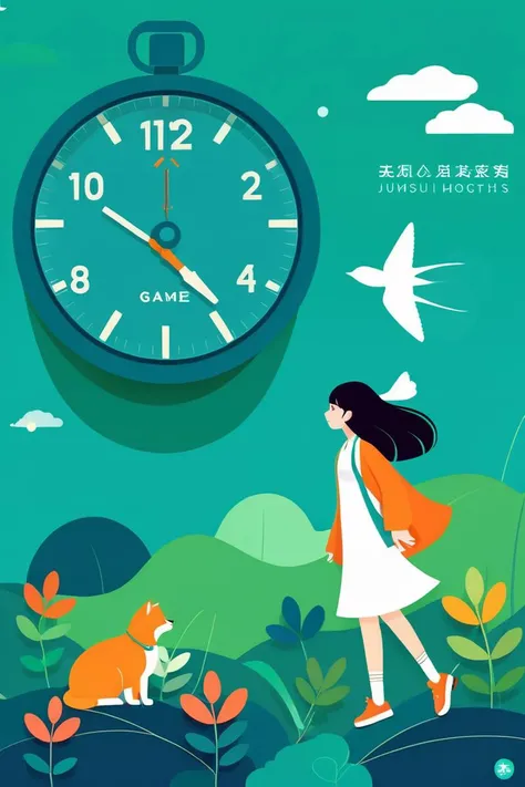 Flat papercut style an artwork, Stopwatch, in the style of 2d game art, characterized girl, dmitry vishnevsky, orange and emerald, cute and dreamy, editorial illustrations, zeiss batis 18mm f/2.8 <lora:papercut:0.2> . Silhouette, clean cuts, paper, sharp edges, minimalist, color block