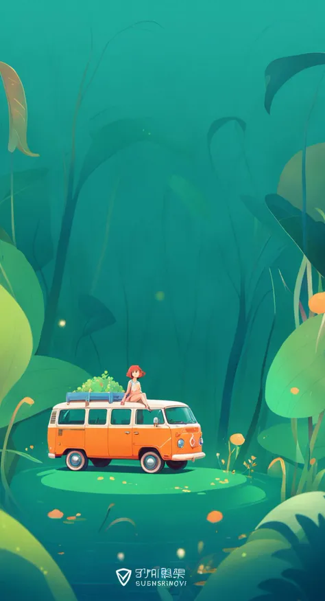 an artwork, Van, in the style of 2d game art, characterized girl, dmitry vishnevsky, orange and emerald, cute and dreamy, editorial illustrations, zeiss batis 18mm f/2.8
