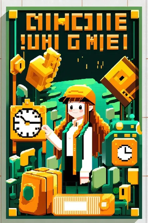 pixel-art an artwork, Stopwatch, in the style of 2d game art, characterized girl, dmitry vishnevsky, orange and emerald, cute and dreamy, editorial illustrations, zeiss batis 18mm f/2.8 <lora:papercut:0.2> . low-res, blocky, pixel art style, 8-bit graphics