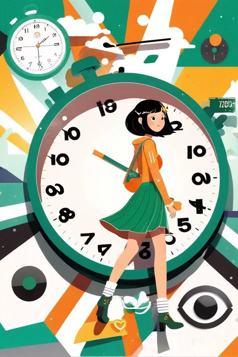 Collage style an artwork, Stopwatch, in the style of 2d game art, characterized girl, dmitry vishnevsky, orange and emerald, cute and dreamy, editorial illustrations, zeiss batis 18mm f/2.8 <lora:papercut:0.2> . Mixed media, layered, textural, detailed, artistic