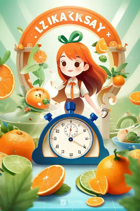 Food photography style an artwork, Stopwatch, in the style of 2d game art, characterized girl, dmitry vishnevsky, orange and emerald, cute and dreamy, editorial illustrations, zeiss batis 18mm f/2.8 <lora:papercut:0.2> . Appetizing, professional, culinary, high-resolution, commercial, highly detailed