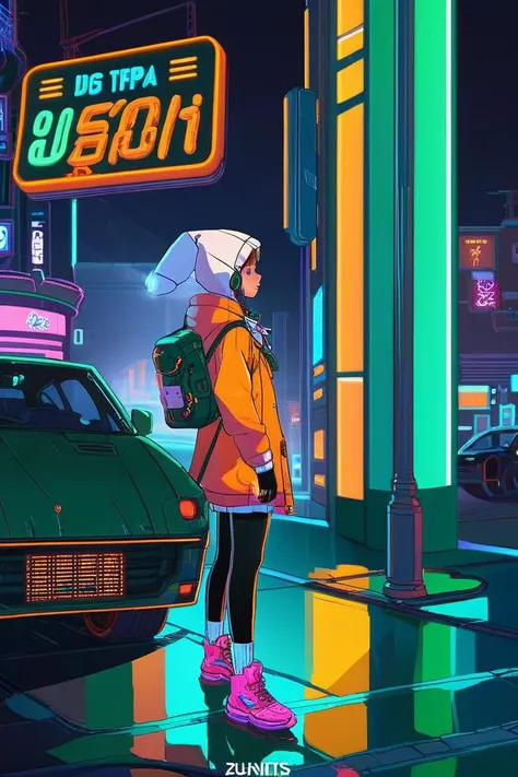 Neon noir an artwork, Stopwatch, in the style of 2d game art, characterized girl, dmitry vishnevsky, orange and emerald, cute and dreamy, editorial illustrations, zeiss batis 18mm f/2.8 <lora:papercut:0.2> . Cyberpunk, dark, rainy streets, neon signs, high contrast, low light, vibrant, highly detailed