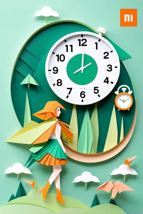 origami style an artwork, Stopwatch, in the style of 2d game art, characterized girl, dmitry vishnevsky, orange and emerald, cute and dreamy, editorial illustrations, zeiss batis 18mm f/2.8 <lora:papercut:0.2> . paper art, pleated paper, folded, origami art, pleats, cut and fold, centered composition