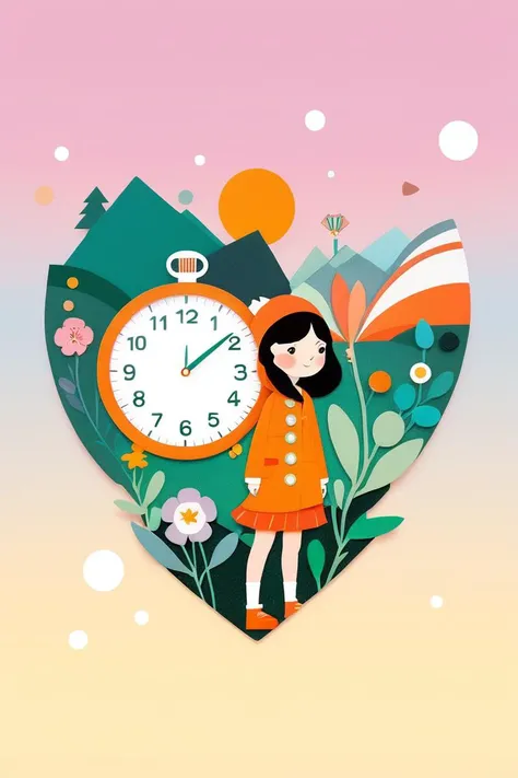 Papercut collage of an artwork, Stopwatch, in the style of 2d game art, characterized girl, dmitry vishnevsky, orange and emerald, cute and dreamy, editorial illustrations, zeiss batis 18mm f/2.8 <lora:papercut:0.2> . Mixed media, textured paper, overlapping, asymmetrical, abstract, vibrant
