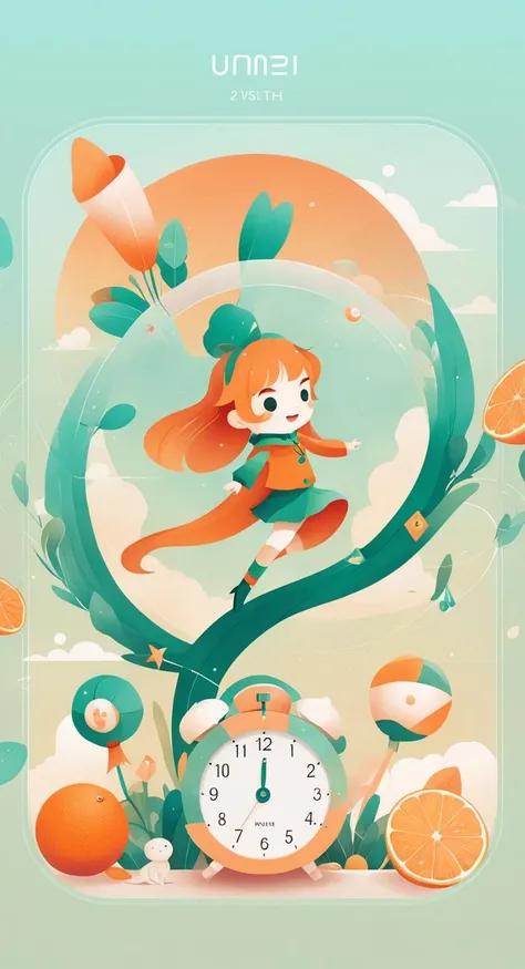 an artwork, Timer, in the style of 2d game art, characterized girl, dmitry vishnevsky, orange and emerald, cute and dreamy, editorial illustrations, zeiss batis 18mm f/2.8