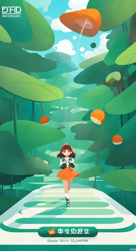 an artwork, DishDot, in the style of 2d game art, characterized girl, dmitry vishnevsky, orange and emerald, cute and dreamy, editorial illustrations, zeiss batis 18mm f/2.8