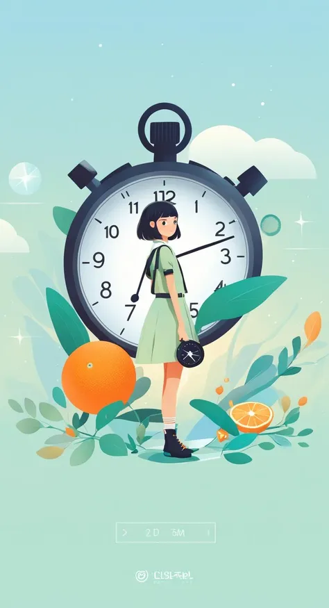 an artwork, Stopwatchm, in the style of 2d game art, characterized girl, dmitry vishnevsky, orange and emerald, cute and dreamy, editorial illustrations, zeiss batis 18mm f/2.8